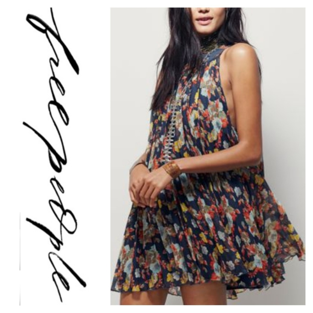Free People Pleated Chiffon Swing Boho Floral Dress Size Small